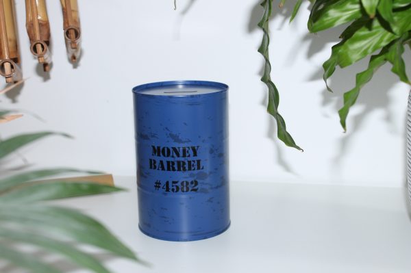 Blikken Spaarpot- Money Barrel- blauw- ForeverMe.nl